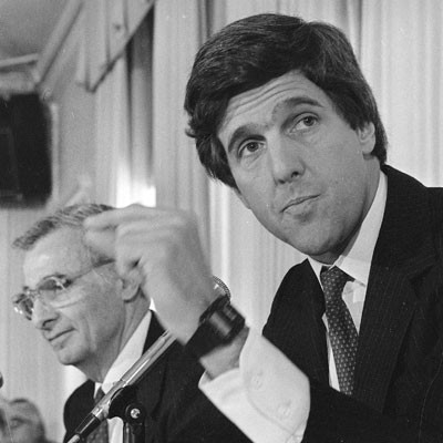 Kerry speaks during a debate with Republican Ray Shamie (left) Oct. 5, 1984 in Boston. It was the first formal debate the two engaged in in their bid for a U.S. Senate seat from Massachusetts. Kerry was sworn in as a U.S. Senator in January 1985.