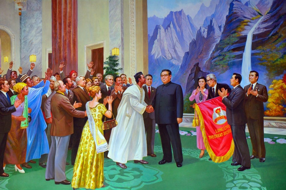 A painting of a person shaking hands with a group of people
AI-generated content may be incorrect.