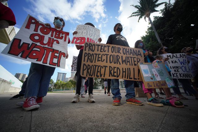 Oahu Water Protectors demonstrate in opposition to the Red Hill Bulk fuel storage facility at the Capitol.