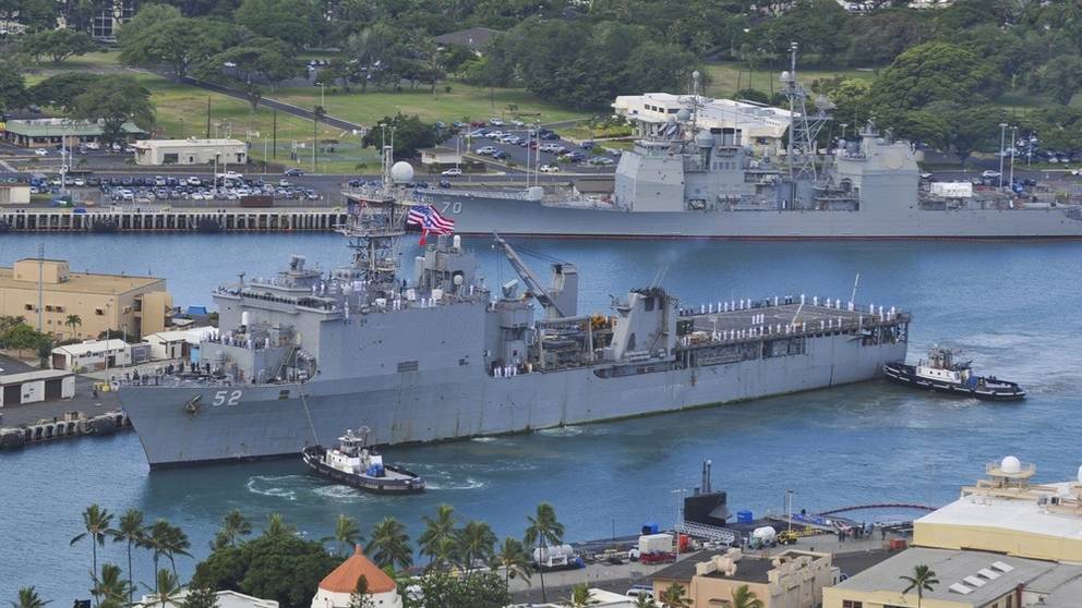 The amphibious dock landing ship USS Pearl Harbor (LSD 52) arrives in Pearl Harbor after completing the annual Pacific Partnership mission.