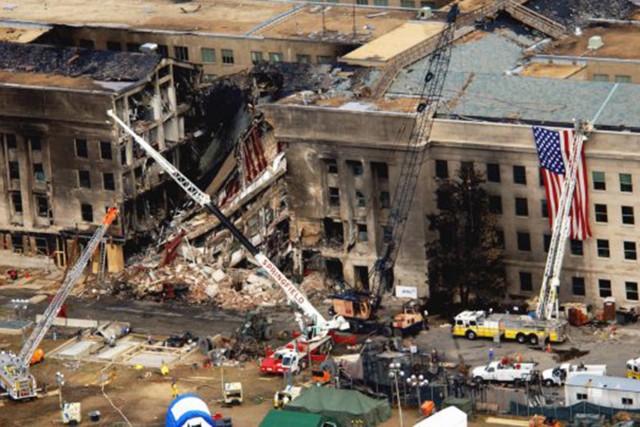 An aerial view of the damage at the Pentagon following the terrorist attacks on Sept. 11, 2001.