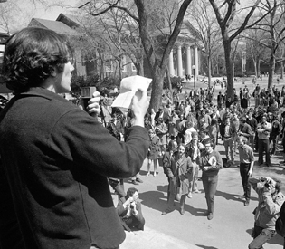TURBULENT TIMES: A student leads an anti-war protest on the Harvard campus in the spring of 1969.