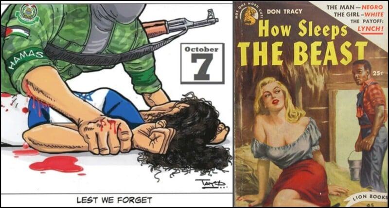 Collage shows two racist cartoons about alleged sexual violence